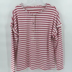 Unbranded Red White Striped Ruffle Henley Long Sleeve Top Gold Snap Blouse Large